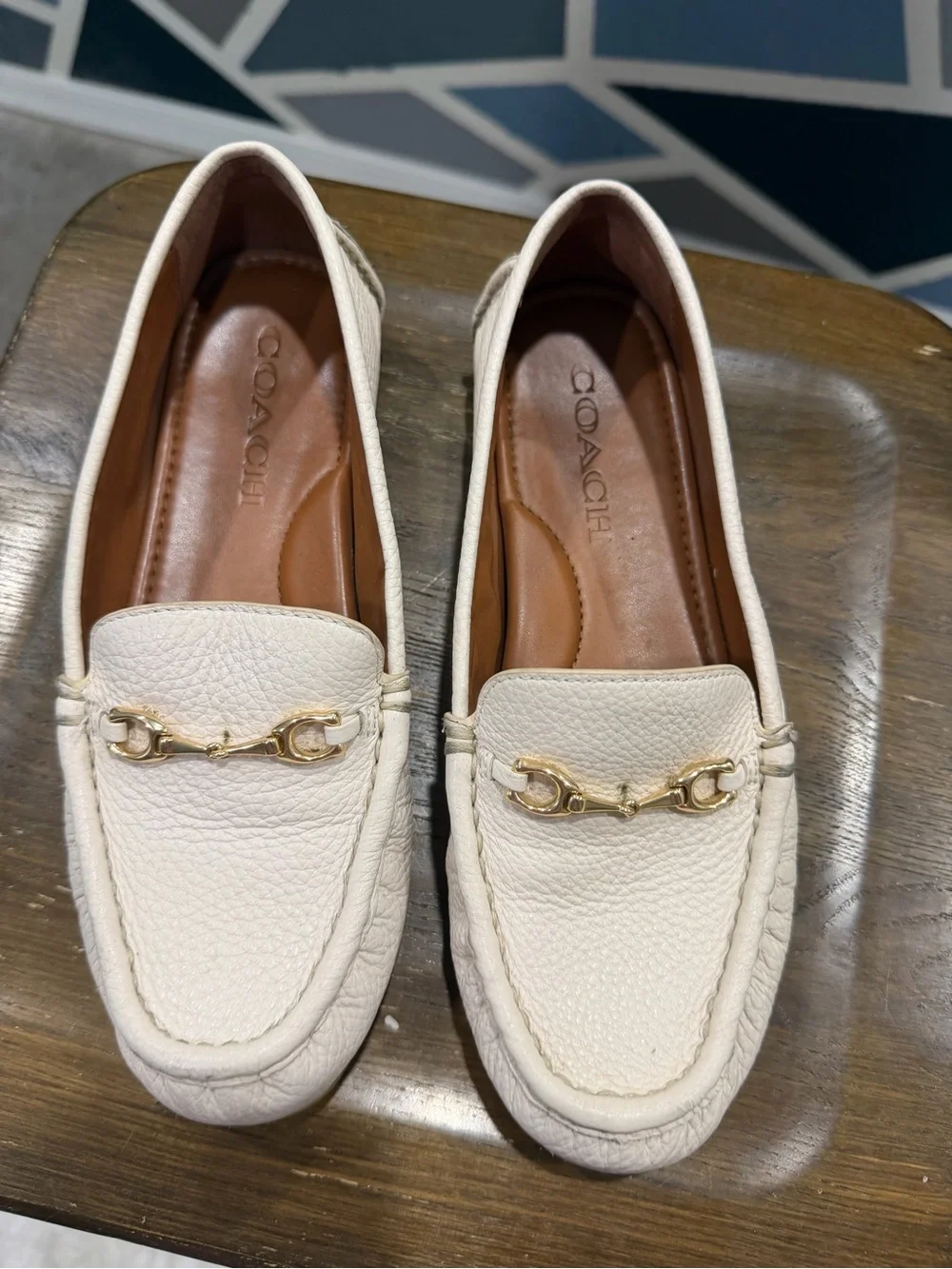 Coach Cream Leather Horsebit Loafers with Gold Hardware